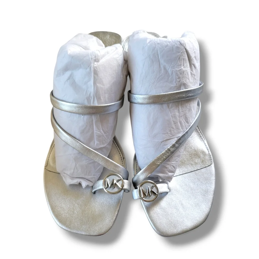 Michael Kors | BNIB Mid Letty Metallic Silver Strappy Toe Post Kitten Heels - Picture 2 of 13